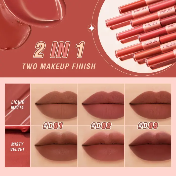 PINKFLASH 2 In 1 Dual-ended Matte Lipstick Liquid Lipstick Velvet Tint Duo Liquid Lipstik Ombre Tahan Lama 6