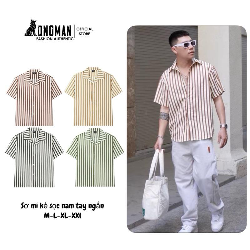( deal mở bán)  Áo sơ mi kẻ sọc nhăn nam nữ cộc tay,cổ vest QNOMAN  trẻ trung hàn quốc SM cộc 1
