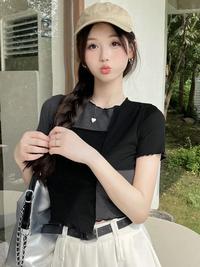 Gambar Women Crop Top Two Color Round Neck Short Sleeve 1802 (S/M/L) - Black Combi Grey, S dari 99koutlet Kab. Tangerang 4 Tokopedia