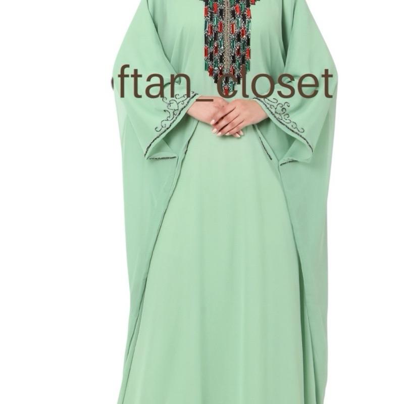 Kaftan Closet SG- Marbella available pistachio green, black & taupe with a fusion contrast style stonework handbeaded custom made kaftan. 4