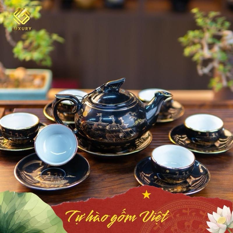 Bộ Ấm Chén Phượng Đen Thuận Buồm Xuôi Gió Viền Vàng - Ấm Chén Bát Tràng - Gốm sứ Luxury 