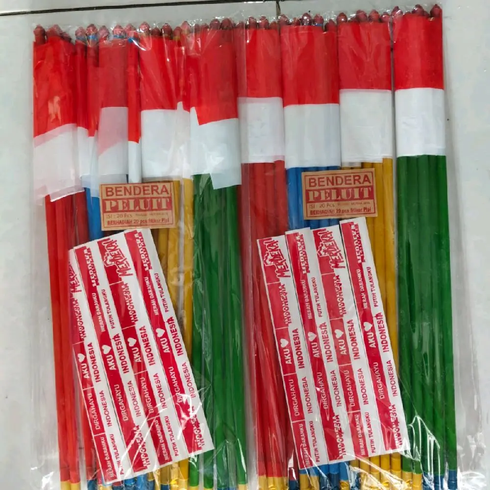 20pcs Peluit Bendera Merah Putih +stiker pipi 12x14 Tongkat 50cm untuk Acara Nasional dan Pesta
