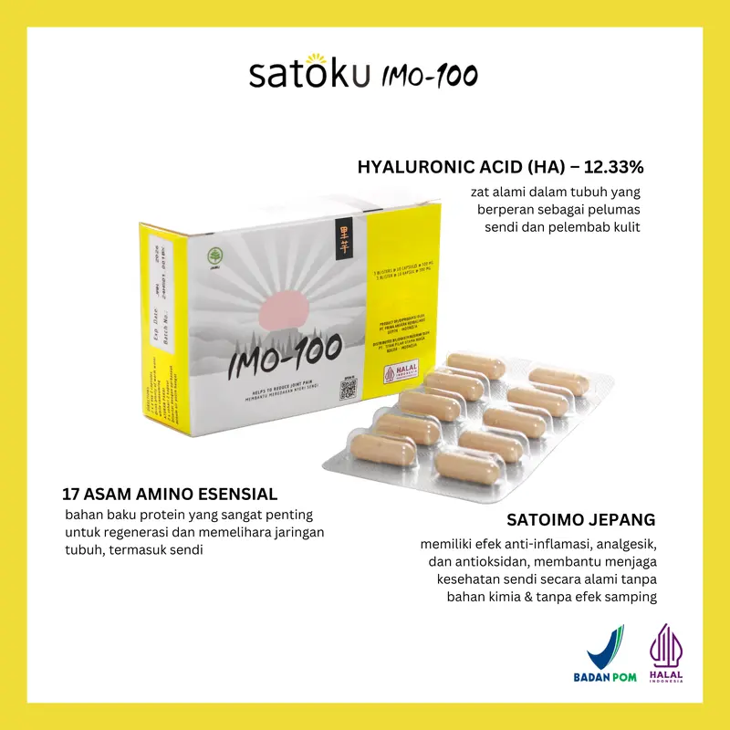 [20 KAPSUL TANPA BOX] Satoku Imo-100 Suplemen Sendi, Atasi Pengapuran dan Pemulihan Cedera, Ramuan Jepang, Pereda Nyeri Sendi Untuk Osteoarthitis, Rematik, Asam Urat, dan Saraf Kejepit Isi 20 Kapsul 1