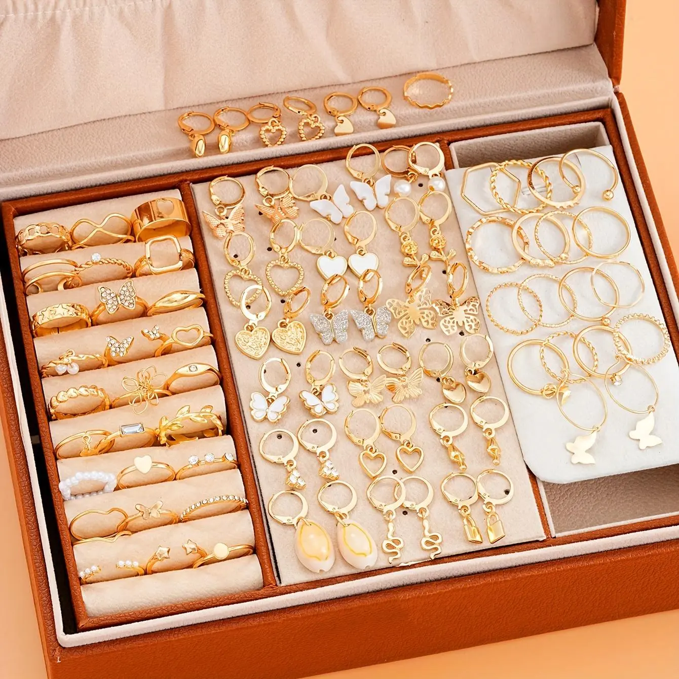 Barang Kemas Fesyen Bergaya, untuk Wanita, Termasuk Anting-anting, Cincin, Reka Bentuk Rama-rama dan Berbentuk Hati, Manik Berongga, Diperbuat daripada Zirkon, Sesuai sebagai Hadiah untuk Temu, Termasuk Kotak, [COD], 66pcs