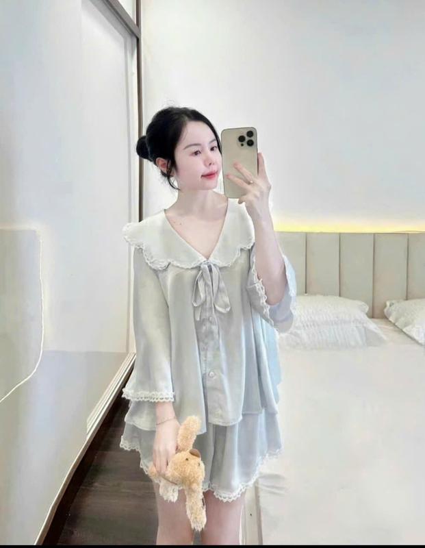 N252- pijama bánh bèo tiểu thư măc nhà cho nữ kiểu dáng tay lỡ- Bộ ngủ mặc nhà lụa hàng quảng châu cao cấp
