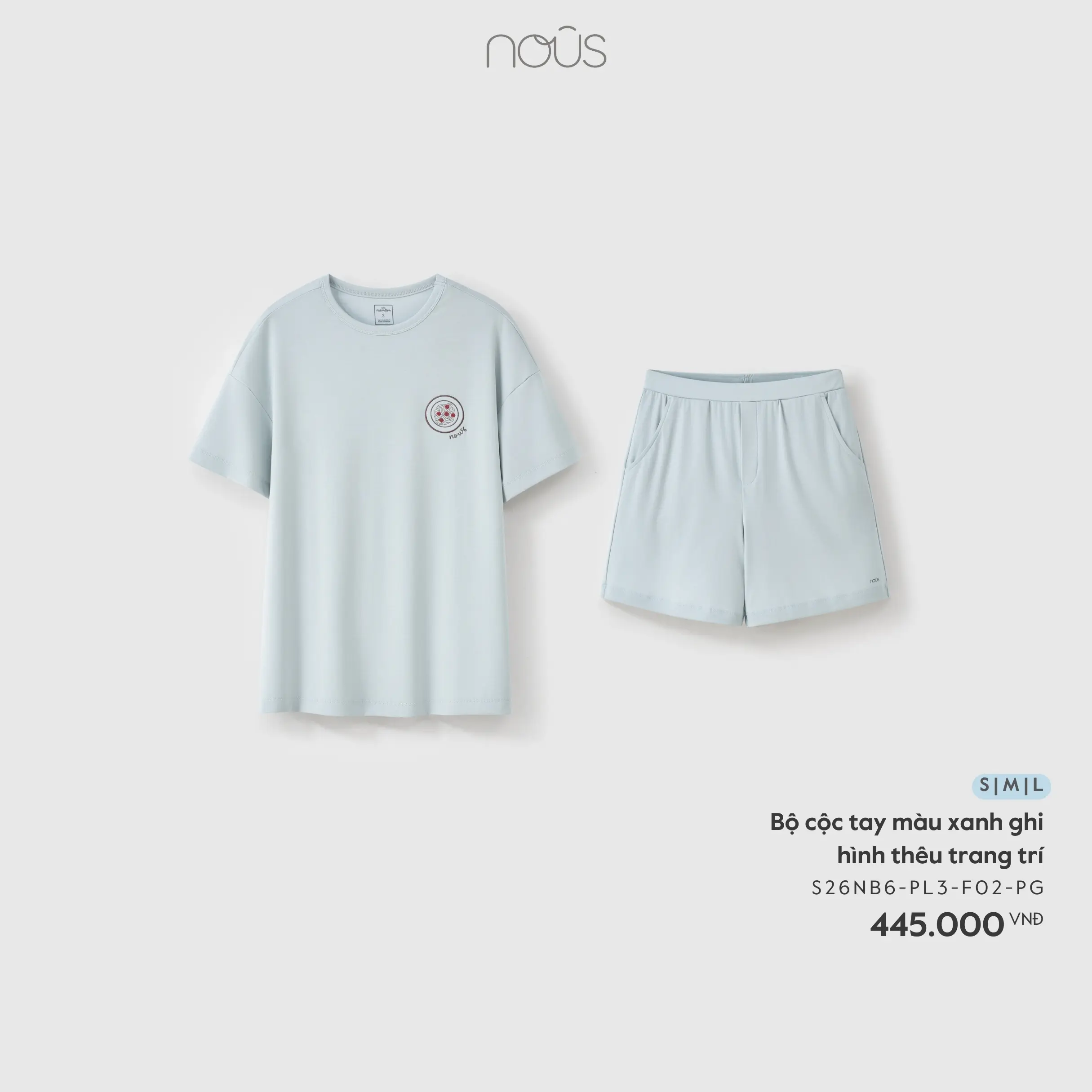 Bộ cộc tay màu xanh ghi hình thêu trang trí Nous