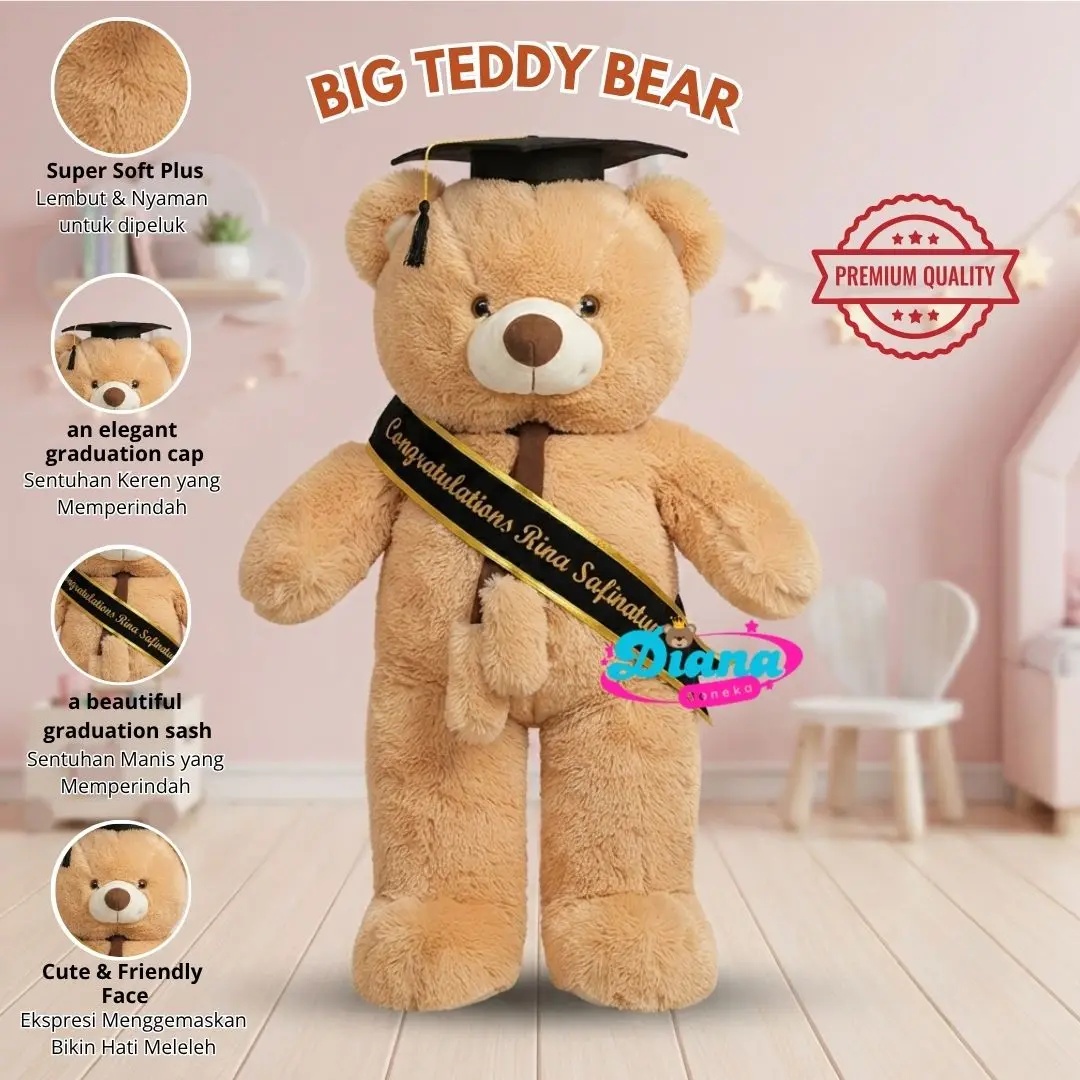 Diana Boneka Wisuda Jumbo Teddy Bear 90 cm Syal Telapak & Slempang Bordir Dolls RASFUR Lembut Bisa Dicuci Premium - Plastik