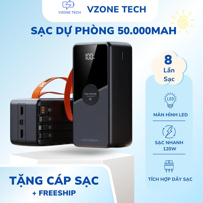 Vzone Tech Sạc Dự Phòng 50000mAh ZT-232 Sạc Nhanh 120W Màn Hình LED Hiển Thị Thông Minh 4 Cổng USB-A Type-C Tương Thích iPhone iPad Android Freeship