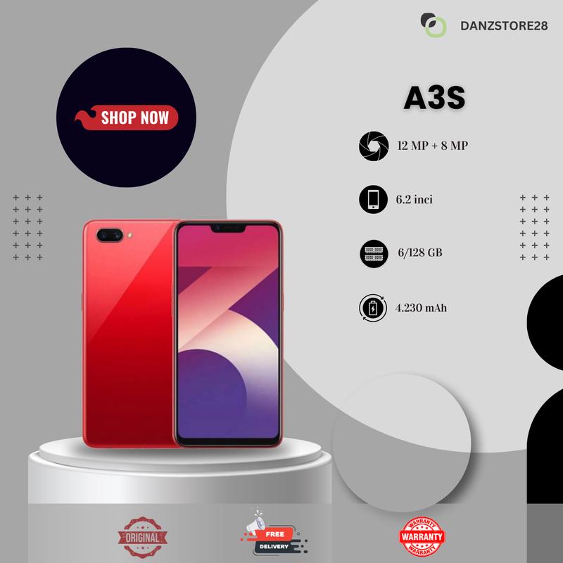 Smartphone A3S Ram 6/128 Kamera 13MP+8MP Layar inci Garansi Tahun Original MERAH