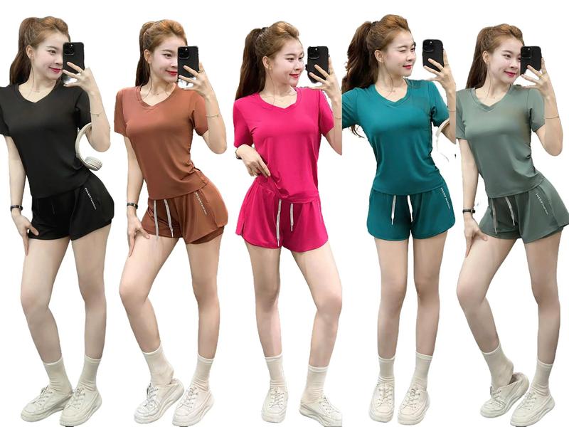 Bộ Quần Đùi 2 lớp có túi Nữ kết hợp áo cổ Tim chất thun poly lạnh co dãn 4 chiều thích hợp chạy bộ thể thao ngoài trời, cầu lông, PIKERBALL, GYM YOGA