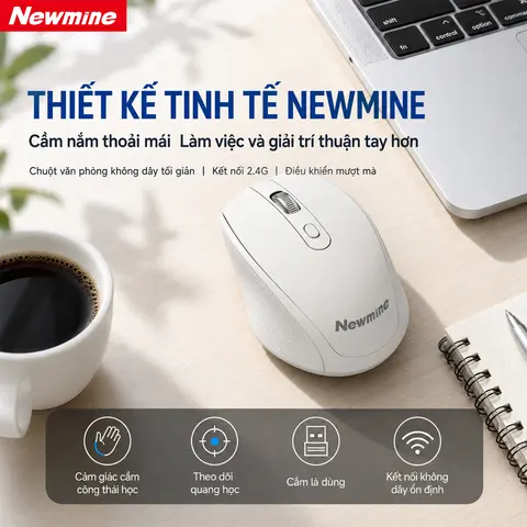 Chuột Không Dây Newmine 2.4G – Thiết Kế Công Thái Học, Ôm Tay Thoải Mái, Cầm Lâu Ít Mỏi, Phù Hợp Văn Phòng & Học Tập