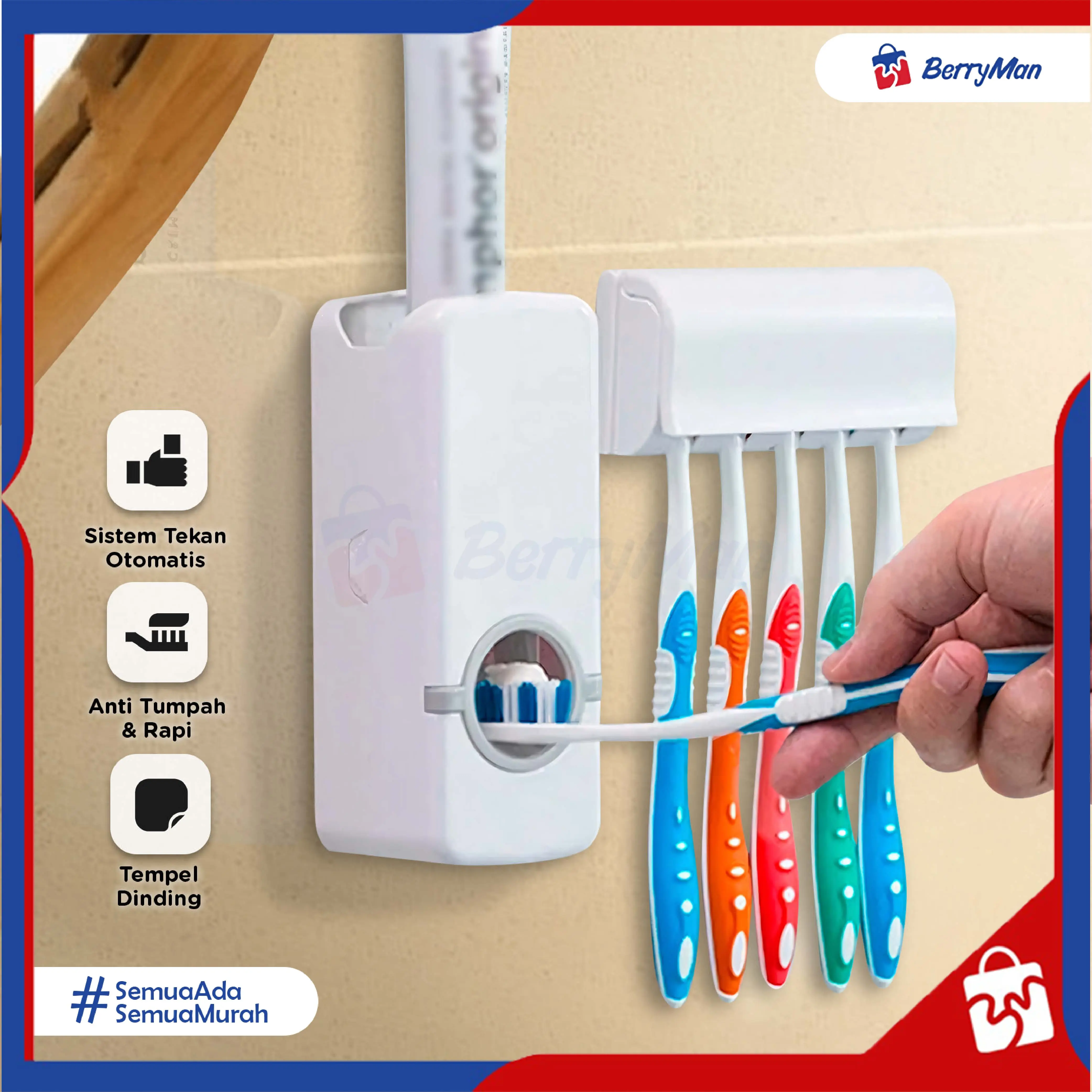 Dispenser Odol Otomatis Minimalis & Tempat Holder Sikat Gigi 5 Lubang Plastik GEN-1 Gantung Tempel Dinding Praktis Anti Bakteri