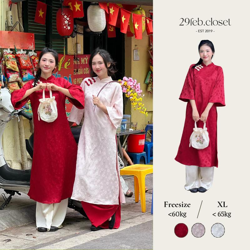  Áo dài lụa gấm Cẩm Chi họa tiết hoa nổi đính cúc sò kèm quần lụa Satin - 29feb.closet - AD005 
