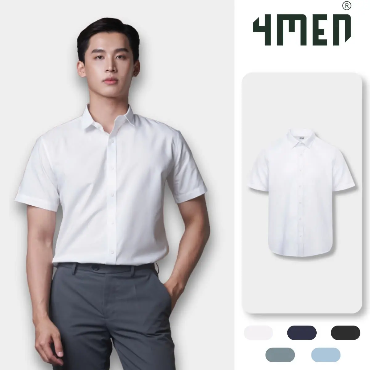 Áo sơ mi nam tay ngắn trơn đẹp 4MEN SM087 vải lụa chéo mềm mịn, hạn chế nhăn, form tailored công sở trẻ trung giá rẻ