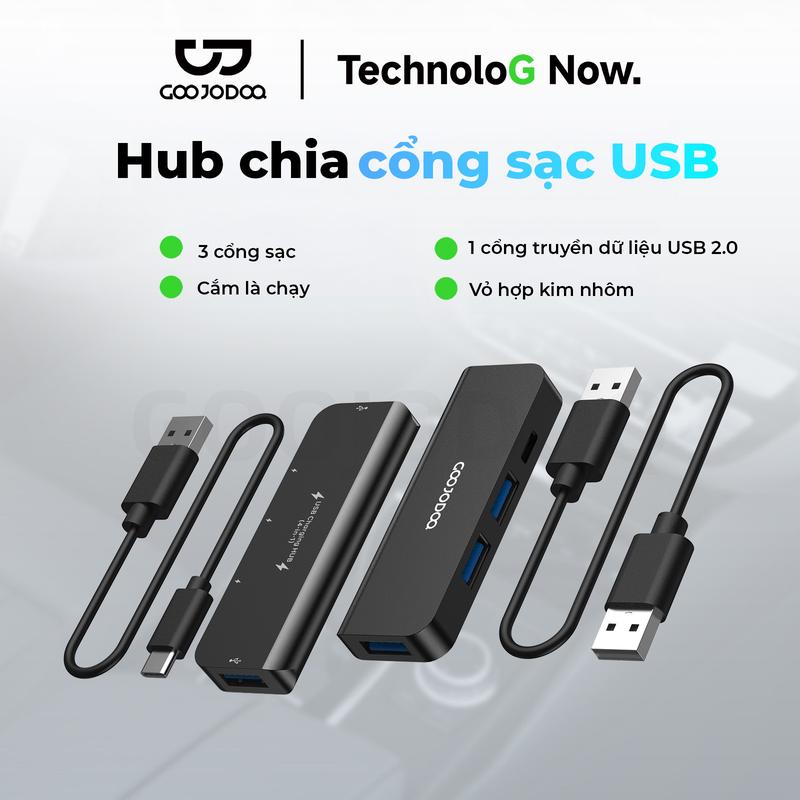 Hub chia cổng sạc USB, 3 cổng sạc, Cắm là chạy, 1 cổng truyền dữ liệu USB 2.0, Vỏ hợp kim nhôm