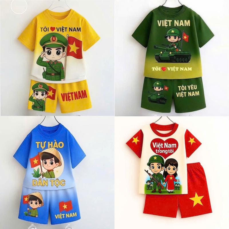 Đồ bộ đồ bé trai, bé gái in hình lính hoạt hình – Thời trang yêu nước Việt Nam (size 10–42kg)