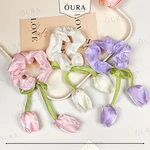 Scrunchie Rambut Shiny Lucu Wanita Ikat Rambut Aesthetic Bunga Tulip Elegan Korean Fashion Style