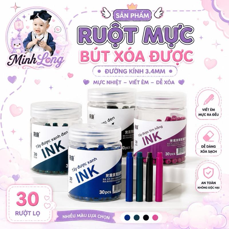 Hộp 30 Ống Mực Bút Máy Xoá Được/ Bút Máy Tấy Được 0025- Đường Kính 3.4mm