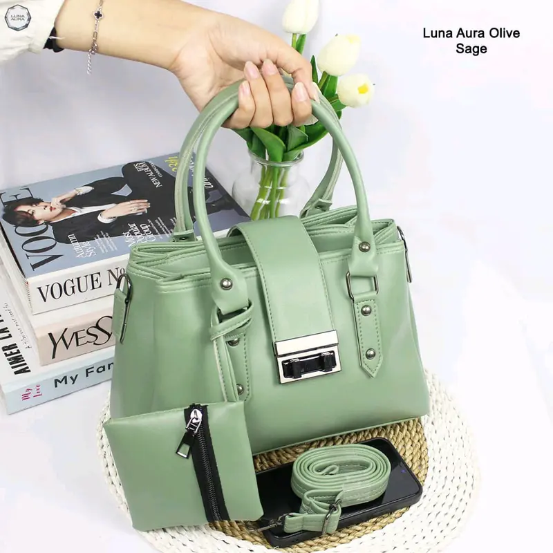 Tas Selempang Jinjing Wanita Olive 3 Ruang Polos Free Dompet Koin Luna Aura 6