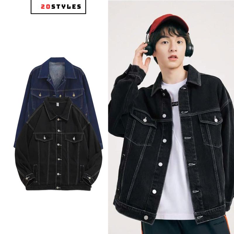 Áo Khoác Jean Nam Nữ 2 màu Đen Chỉ Trắng, Xanh Navy. Áo Khoác Bò Nam Unisex Form Rộng phong cách Basic Hàn Quốc hot 2024 Menswear Denim Nhung Jacket Có Cổ Có Túi