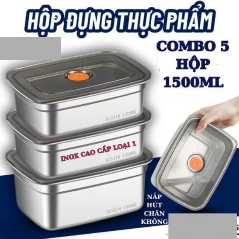 Combo 5 Hộp 1500ML Inox 304 Có Nắp Hút Chân Không Khay Ngăn Mùi Tủ Lạnh 19x8.5x13cm An Toàn Sức Khỏe