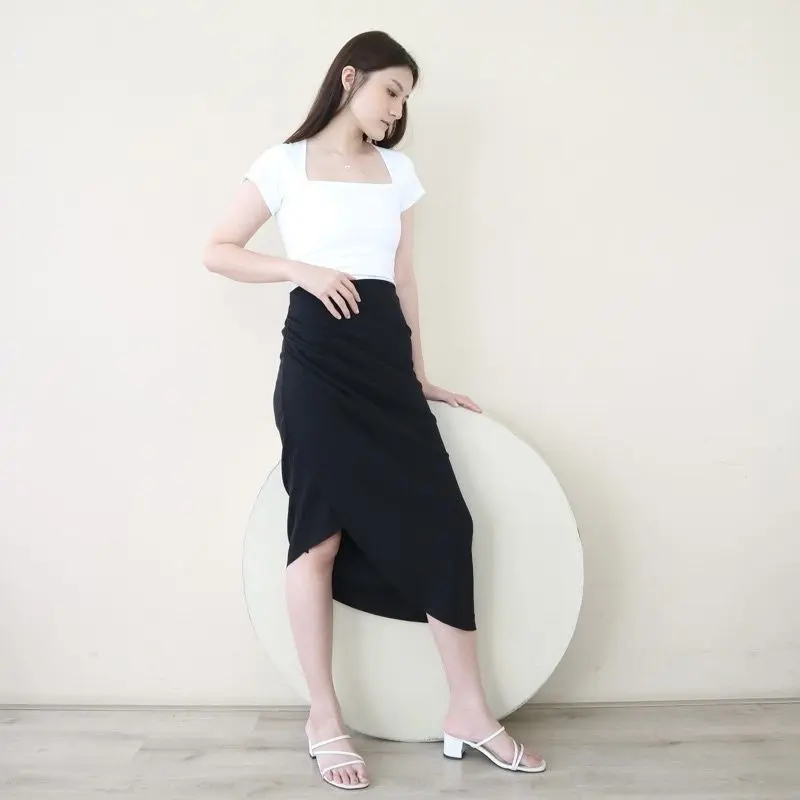 KHARIZKA - Abby Fey Skirt basic plain korean style  Rok Asimetris Korean Casual  Rok Wanita Dewasa Bawahan Cewek