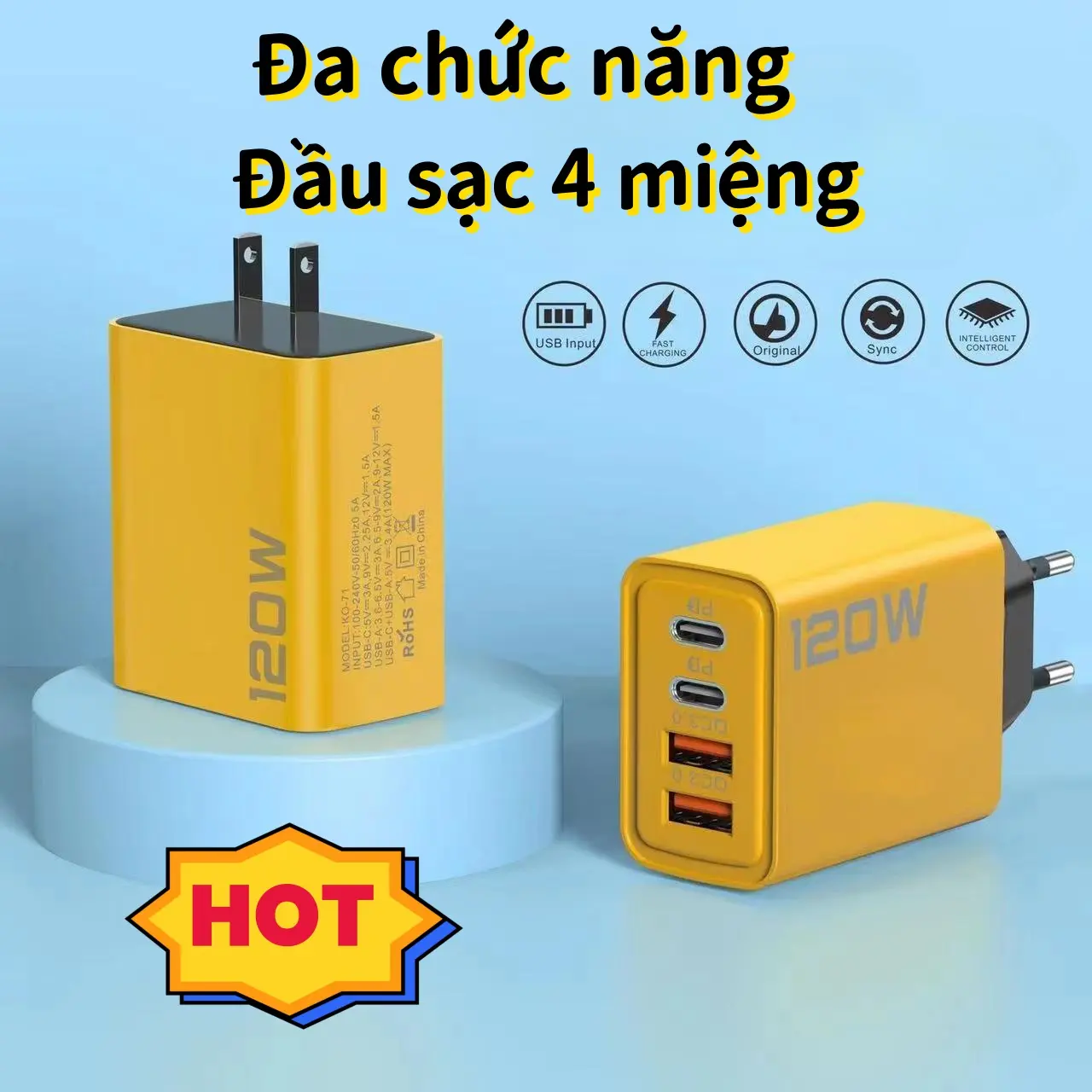 Bộ sạc đa năng, sạc nhanh, USB kép + Type-C kép, nhiều cổng, tiêu chuẩn Mỹ và Châu Âu, đầu sạc, 120W Phụ Kiện Phone