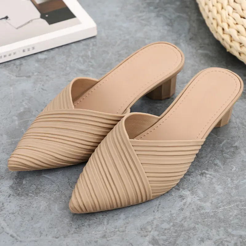 OKAIDO OFFICIAL Sandal Mules Heels Wanita Perempuan Cewek Slip On Gaya Fashion Korea Style Karet Hitam Cream Mewah Elegan Dan Anggun 2