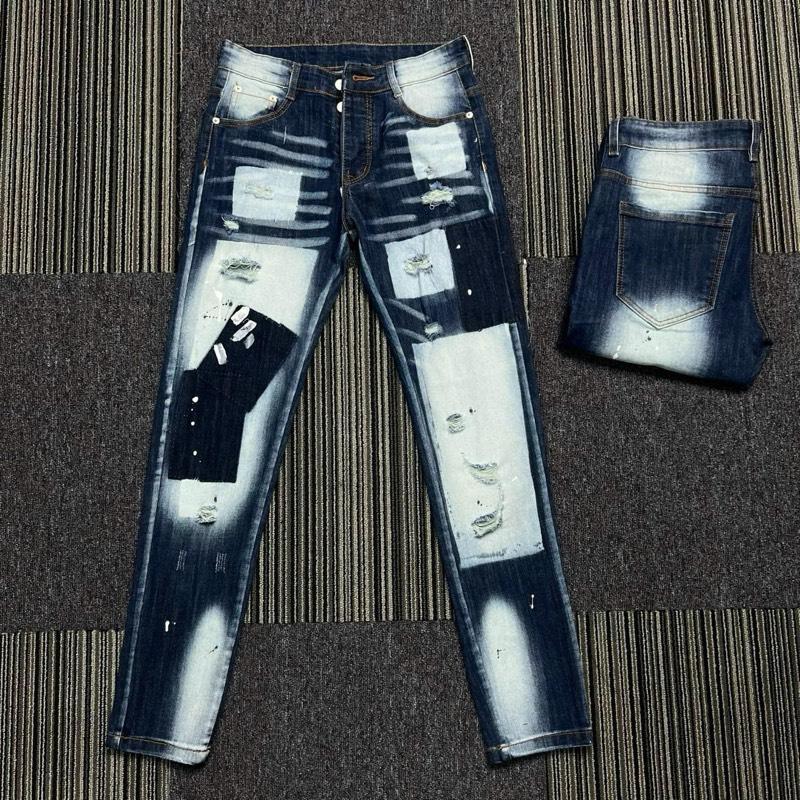 quần Jeans nam xanh ĐẬM thêu d/2 da đỏ đen có  bốn cúc 3