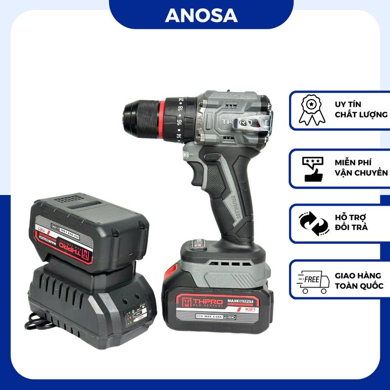 Máy Khoan Pin THPRO TH7721AK, 3 Chức Năng, Đầu 10mm Autolock, Động Cơ Không Chổi Than, Chân Pin Phổ Thông