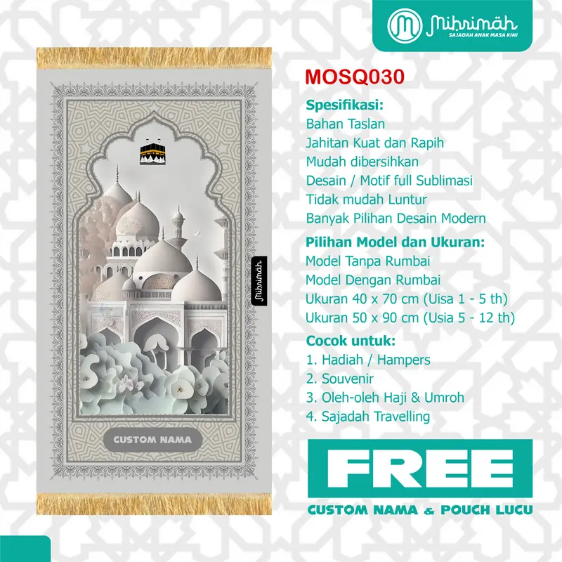 FREE CUSTOM NAMA - Sejadah Anak Perempuan anti Air- Design Trendi By Mihrimah - Mosque Series Series 5