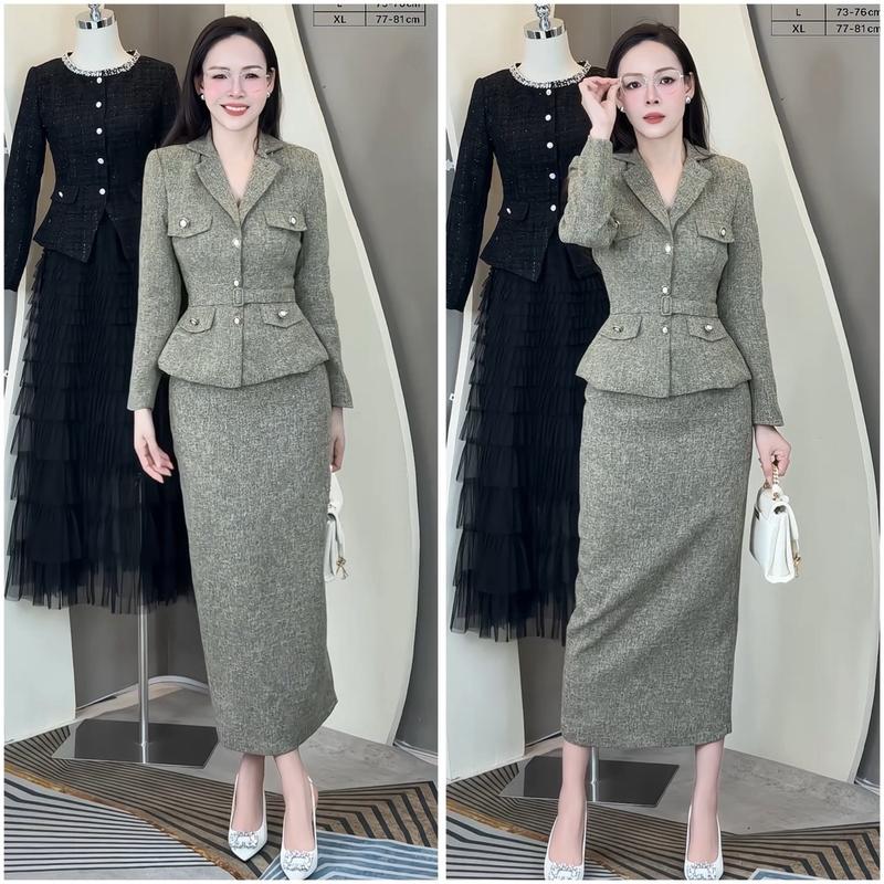  LYNA x Hương Hay Ho -  Tặng Kèm Đai  - C18 - Set Váy Dáng Dài Mix Áo Dạ Thiết Kế Tinh Tế Phù Hợp Nhiều Dịp Nâu Rêu 