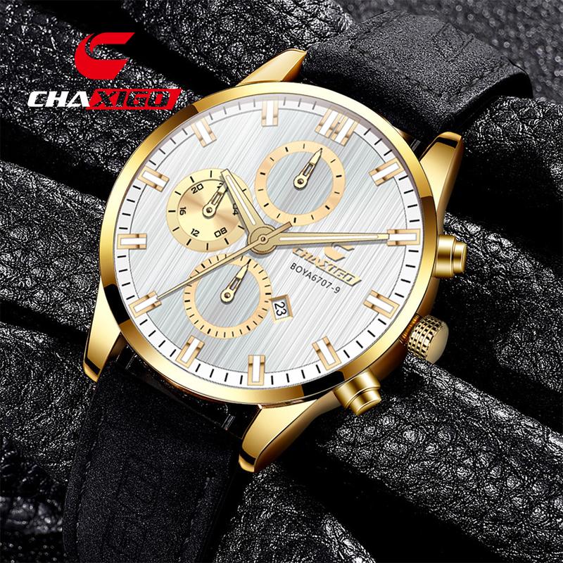 Đồng Hồ Dây Da Hợp Xu hướng CHAXIGO, Dành Cho Nam, Phong Cách Doanh Nhân Màu Vàng, Không Thấm Nước, Bộ Máy Thạch Anh, Thiết Kế Đơn Giản, Dạ Quang, Đồng Hồ Đeo Tay, Sang Trọng, 6707-9, Thật Titan Watch
