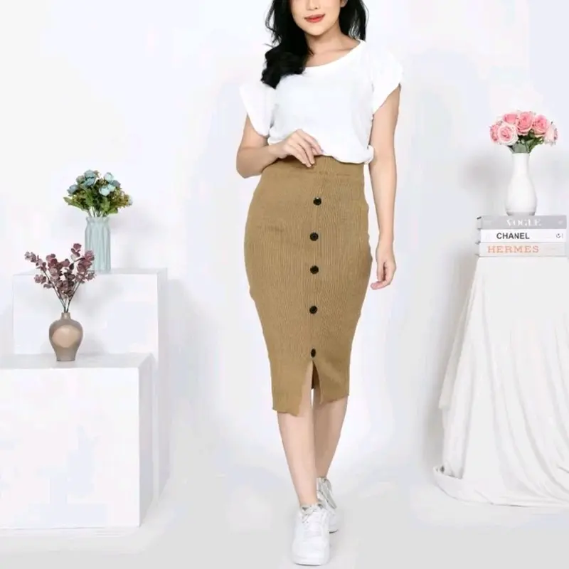 Rok rajut belah 7/8 variasi kancing melar/rok span casual wanita Korea style nyaman 1