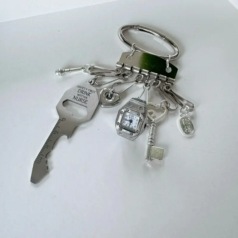 Gantungan kunci korea tas unik lucu vintage aestethic  all in one jam tangan jempol liontin stainless logam perak bag charm keychainK