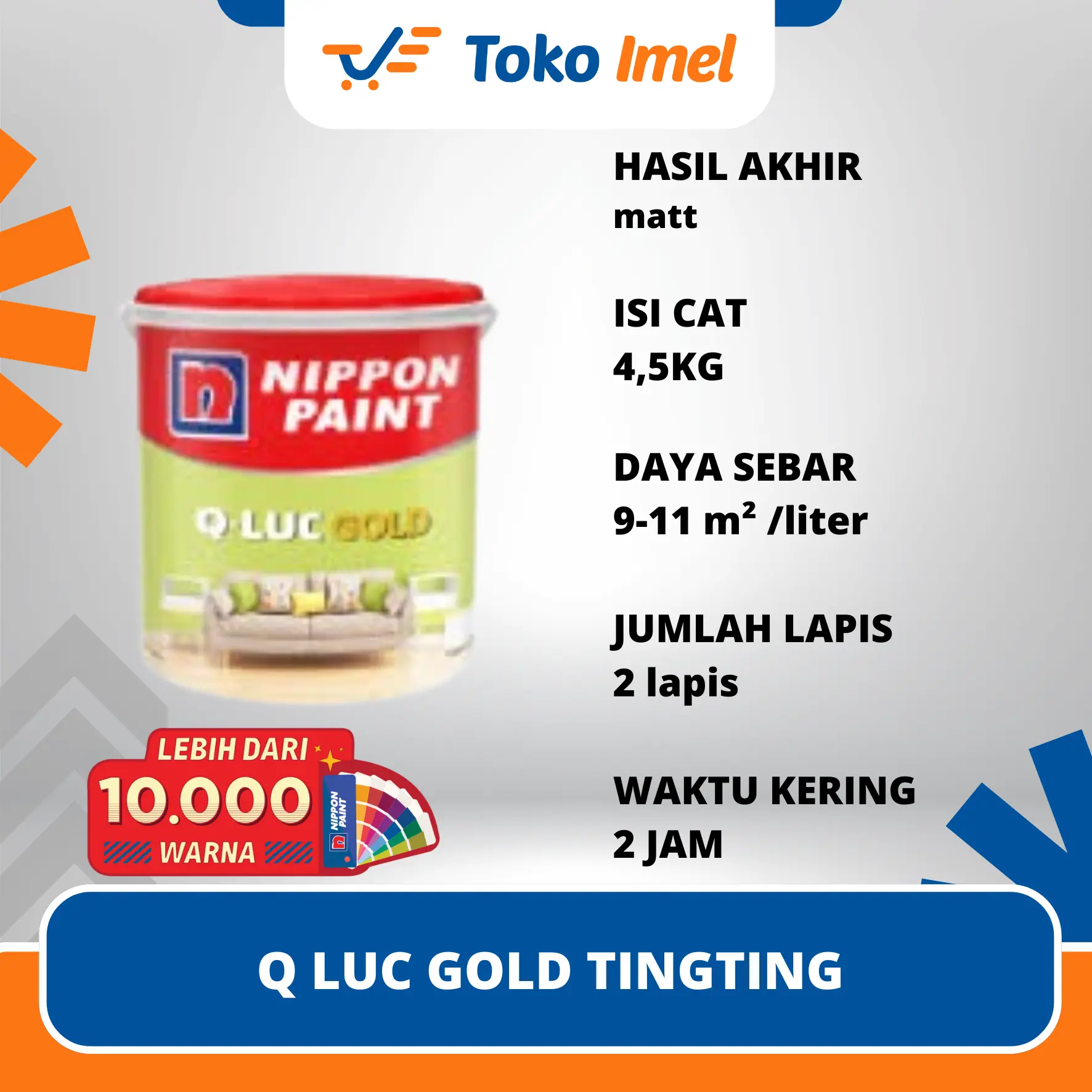 4,5kg Nippon Paint CAT TEMBOK INTERIOR Q LUC GOLD WARNA MESIN TINTING SOFT TISSUE SNOW WHITE BRILIANT WHITE untuk Interior Rumah & Kanto