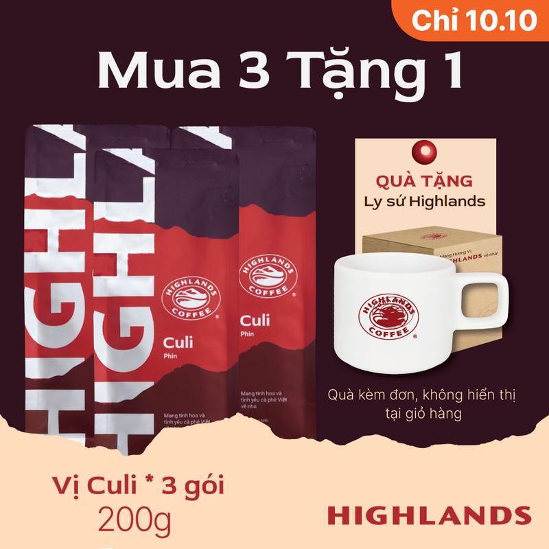 [Duy nhất 10.10 MUA 3 TẶNG 1 (Tặng 01 ly sứ Highlands) Combo 3 gói cà phê Culi Highlands Coffee 200g tặng 01 ly sứ Highlands (chỉ tặng ngày 10.10), quà kèm đơn hàng