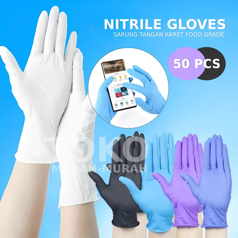 Paket 50 Pcs Sarung Tangan Nitrile FoodGrade Powder Free Tebal Kuat Kualitas Terbaik - Cleaning 0