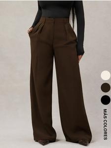 Pantalones de mujer de estilo minimalista con pierna ancha y cintura alta elástica, para uso diario, a la moda y cómodos, ideales para ir al trabajo y para un estilo casual