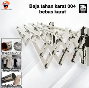 Furniture supermanSUS 304 stainless Jemuran baju dinding lipat Tarik Baja tahan karat/Rak Jemuran Pakaian Basah Lipat Rak Jemuran 100cm/200cm Hitam