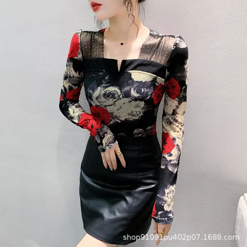 Live Shot-Áo Thun Nữ Dài Tay, Quần Áo Mới, Lưới Khâu, Kim Cương Giả In Hoa Hồng, Dáng Ôm, Giảm Béo Và Thời Trang, Áo Sơ Mi Nhỏ 2