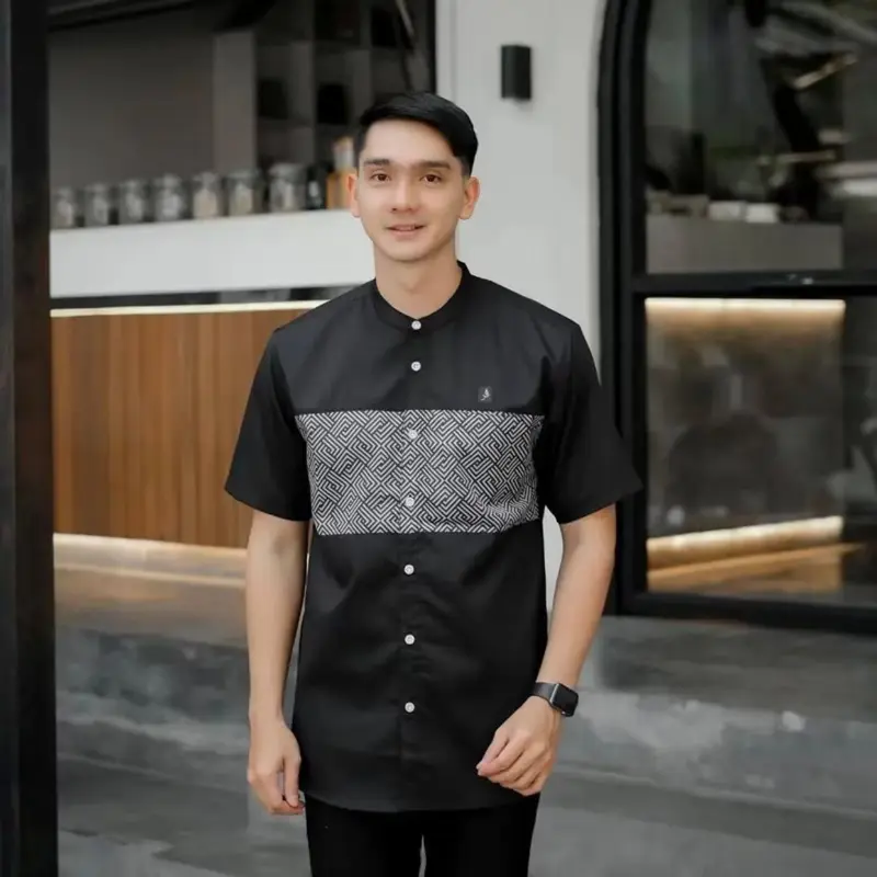 Baju Koko Pria JUMBO Kurta Kemko Sublim Katun Lengan Pendek Garis Kombinasi Muslim Dewasa Motif terbaru KAUTSAR lebaran 2025 1