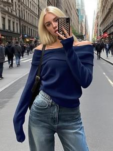 Top Sexy Casual de Hombros Descubiertos y Manga Larga, Playera de Punto Moderna para Temporada de Primavera, Diseño Ajustado y Liso, Grosor Moderado del Material