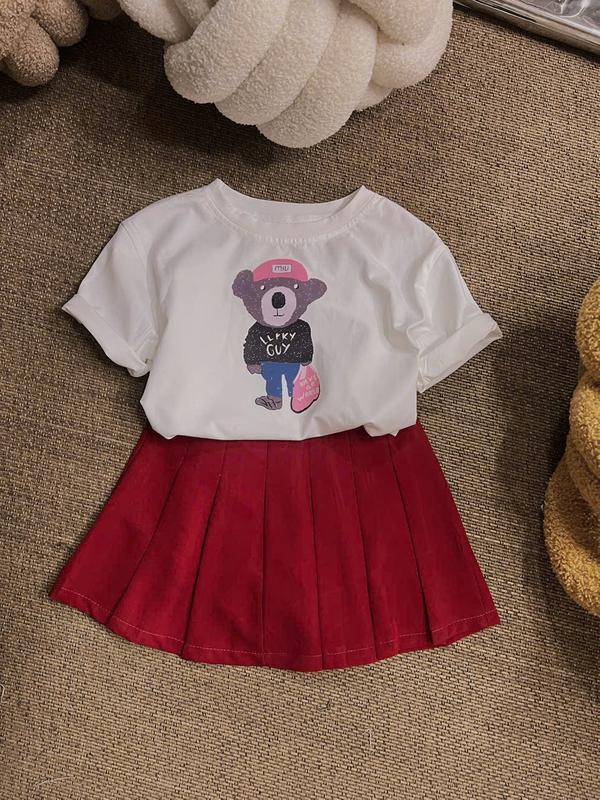  Set Áo Thun Trắng  In Hình Xinh  Kèm Chân Váy Xếp Li 2 Màu 68T Dành Cho Bé Gái 