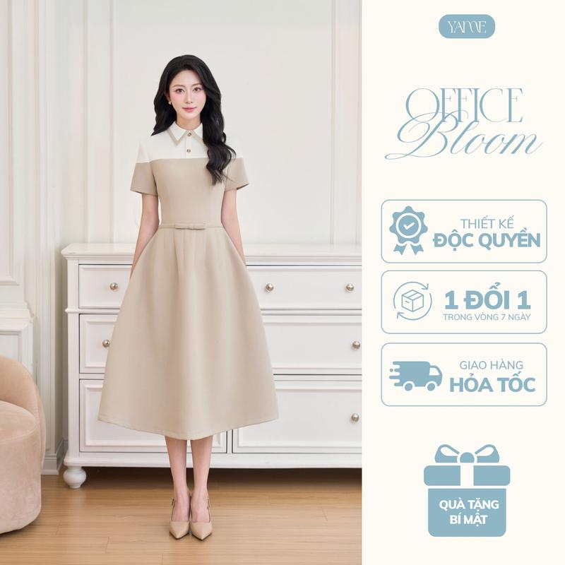 Váy nữ dài dáng A màu nâu sữa phối trắng ngắn tay cổ vạt nhọn đính nơ eo và cúc trang trí YAME YV687