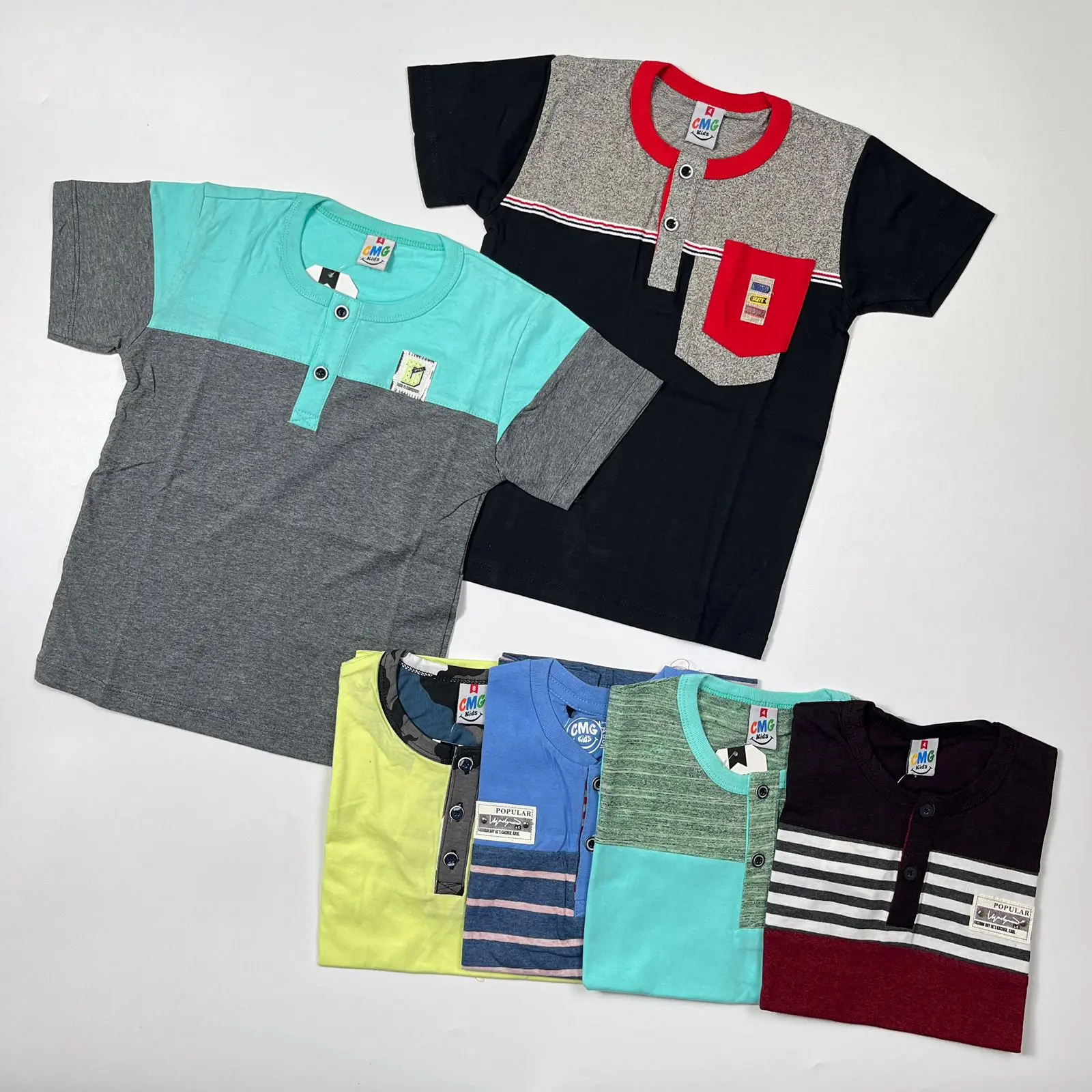 Kaos Kancing Harian Lengan Pendek Anak Fashion Katun CMGKIDS - Placket Kancing Saku