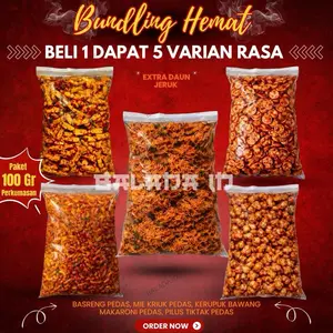 Beli 1 dapat 5 basreng,mie kriuk,makaroni cikruh,kerupuk bawang,pilus cikur pedas daun jeruk