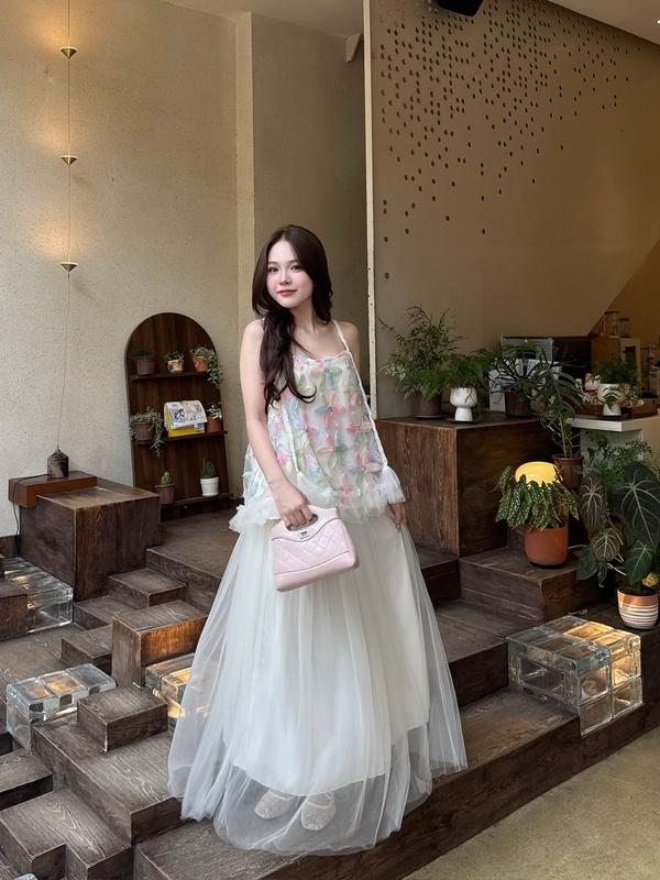 Set áo hai dây thắt bính phối lưới chân váy lưới xòe Ảnh thật/Sẵn