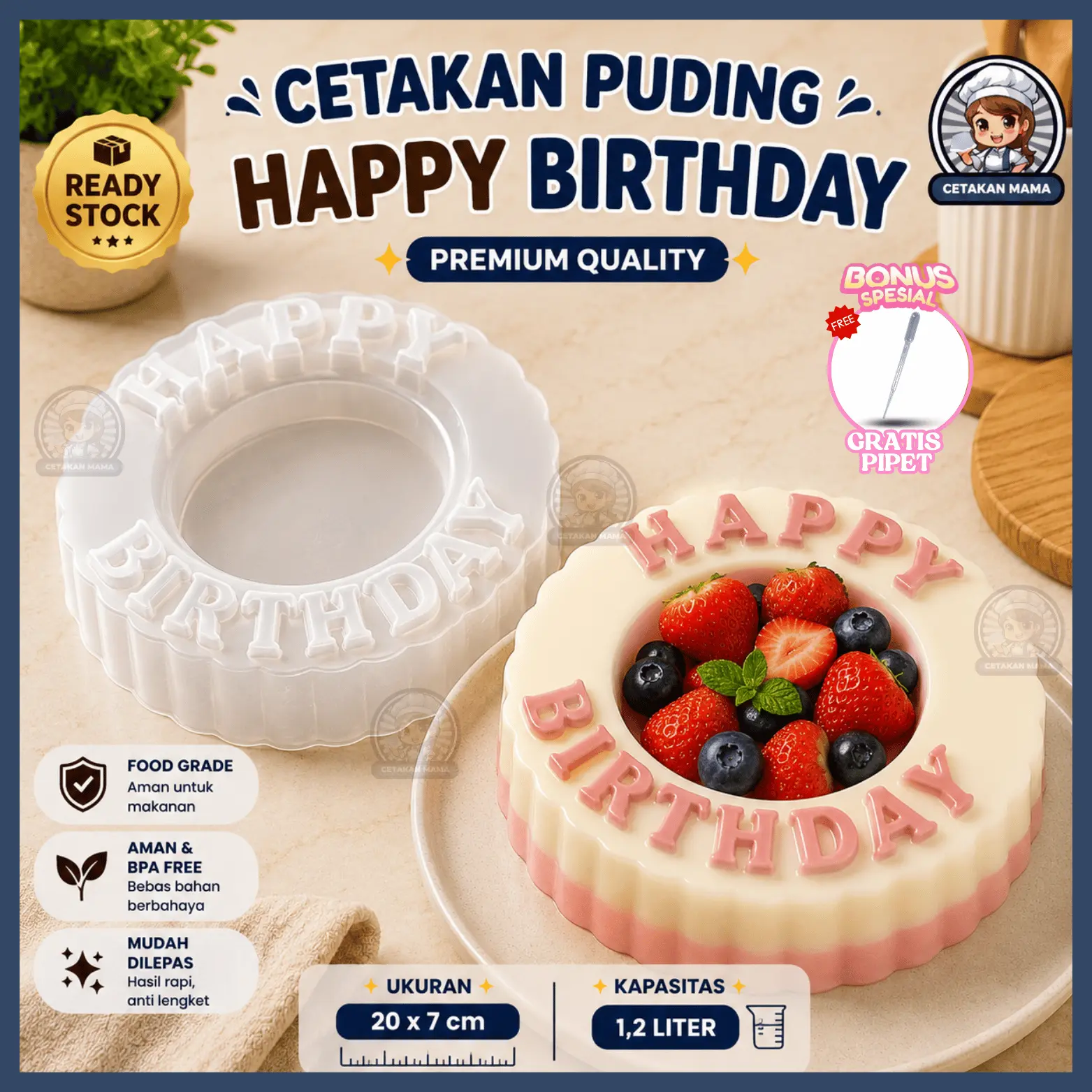 Cetakan Puding Happy Birthday Ulang Tahun Plastik Premium 1,2 Liter 1,5 Liter FREE PIPET / Cetakan Bolu Ulang Tahun Puding Loyang / Cetakan Agar Jelly Pudding Kitchenware Kue
