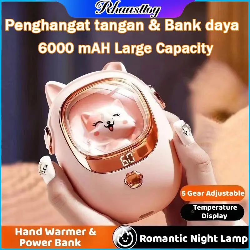 Rhaast Penghangat Tangan Mini & Bank Daya Tampilan Suhu Pengisian USB 6000mAh & Lampu Malam Yang Dapat Disesuaikan Penghangat Tangan Lucu Pemanas Cepat